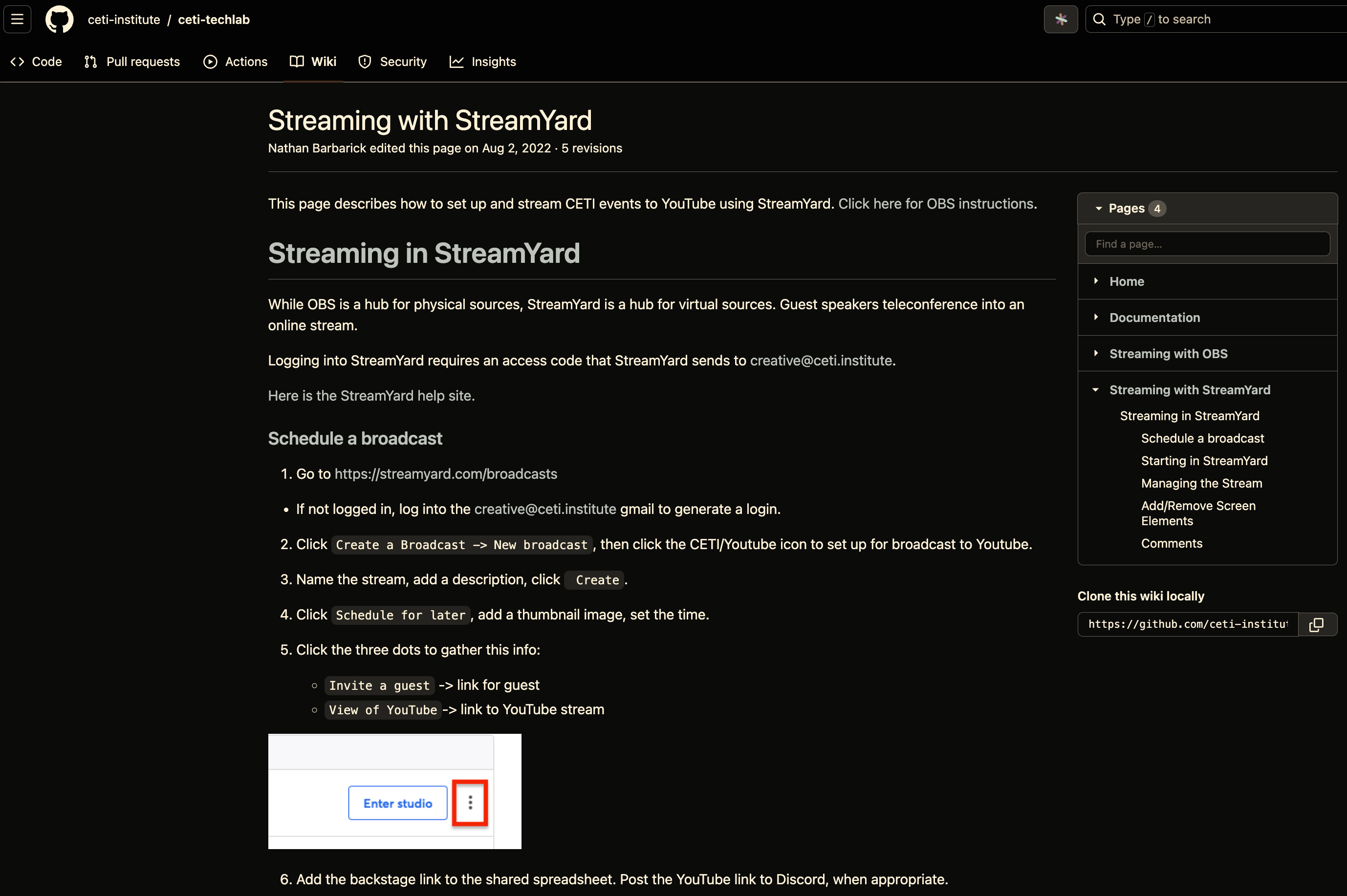 A wiki page shows instructions on how to perform video streaming activities.